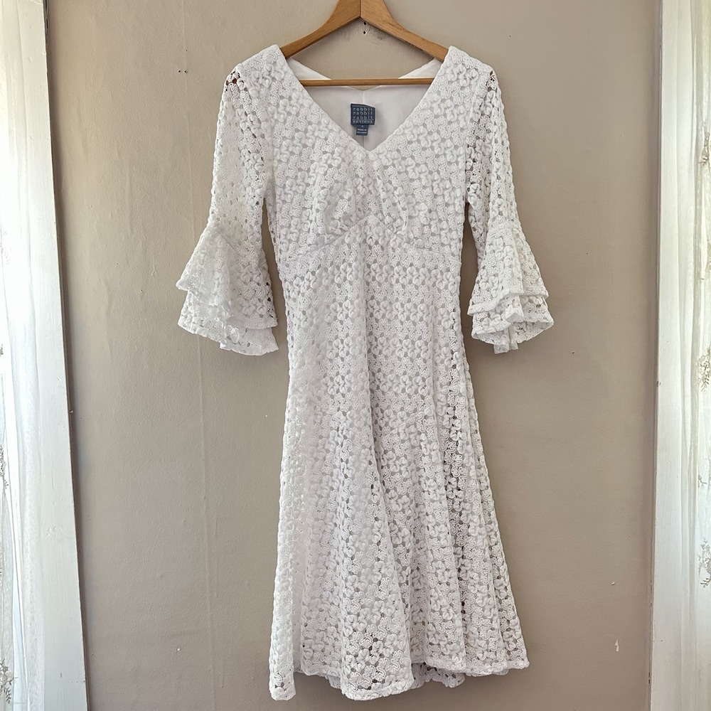 Rabbit Rabbit Rabbit Women Crochet Babydoll Dress Size 4 White Boho Bachelorette